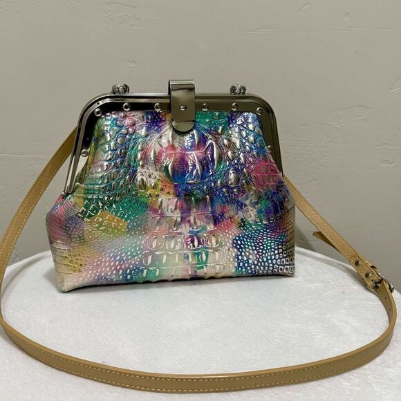 Colorful Croc-Embossed Handmade Genuine Cowhide Push Lock Metal Frame Handbag - Picture 1 of 16